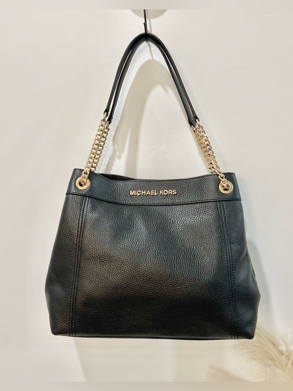 Michael Kors Black Pebbled Leather Shoulder Bag with Gold Chain Accents